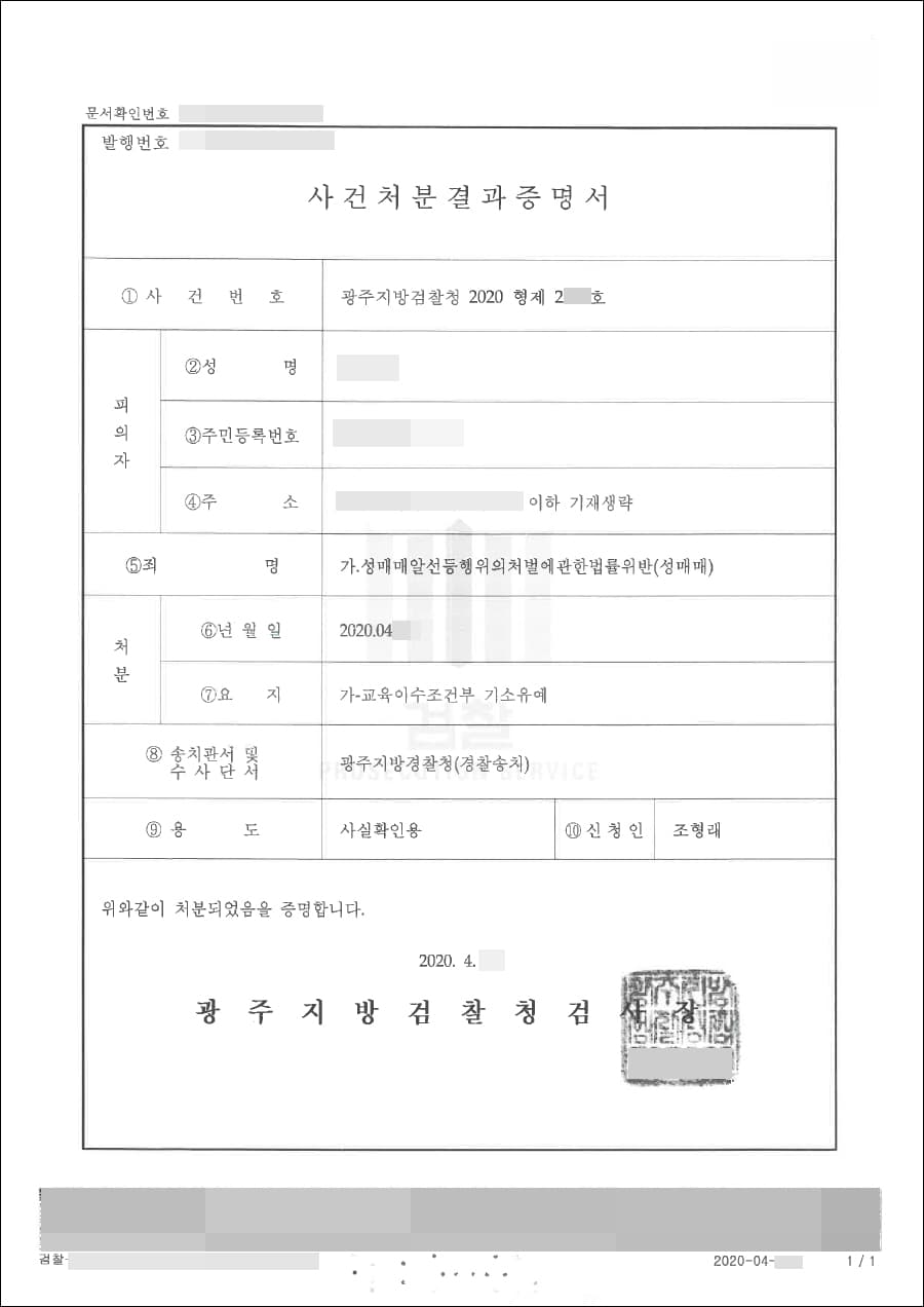 기소유예 |성매매알선등행위의처벌에관한법률위반(성매매) - 광주지방검찰청 2020형제2***호
