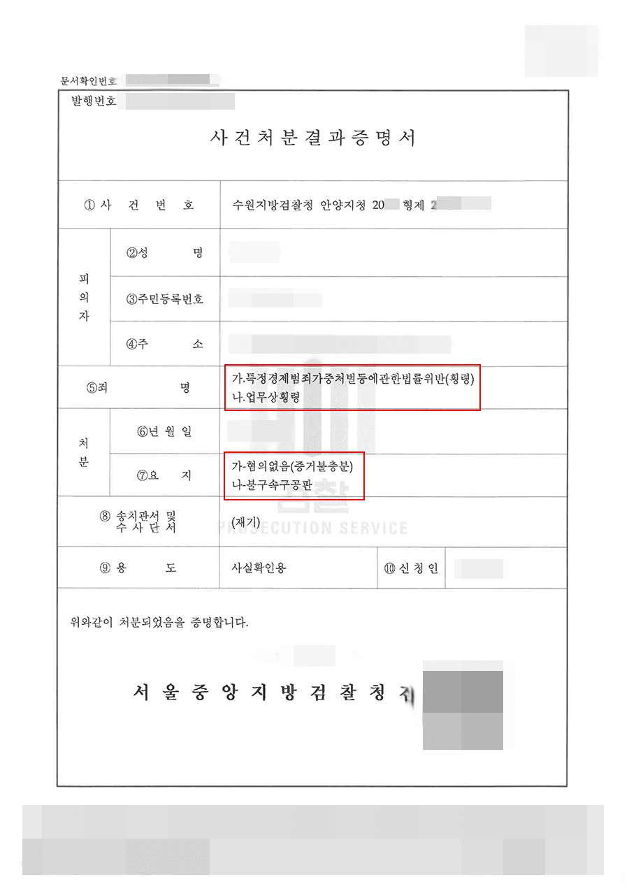 혐의없음 | 횡령 - 수원지방검찰청 안양지청 20**형제2****