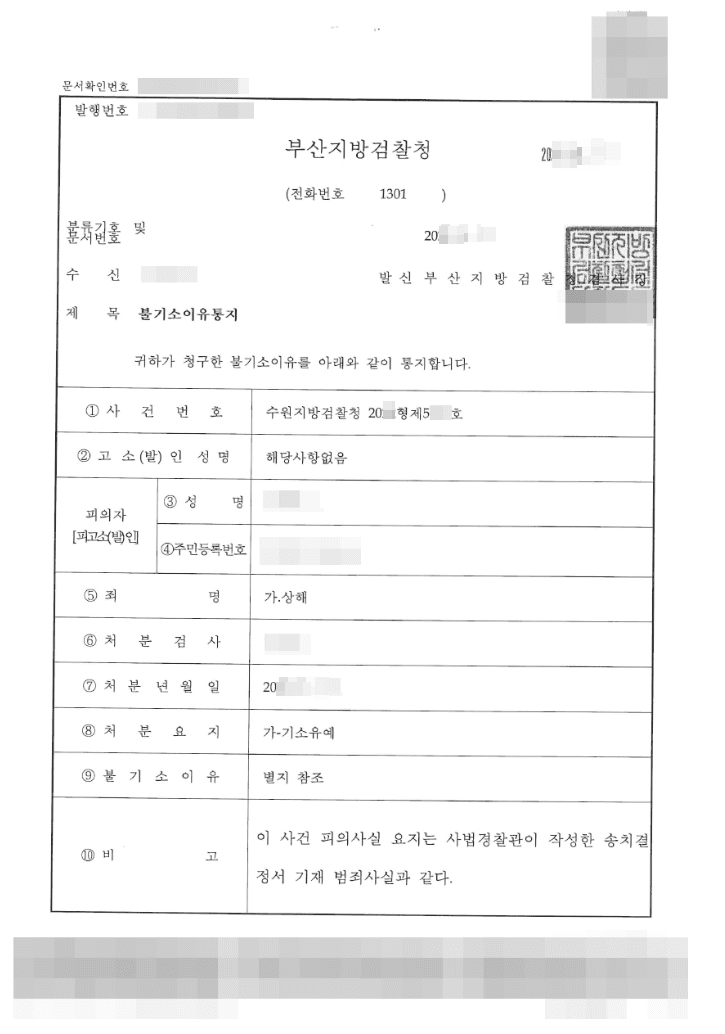 기소유예 | 상해 - 수원지방검찰청 20**형제5***호