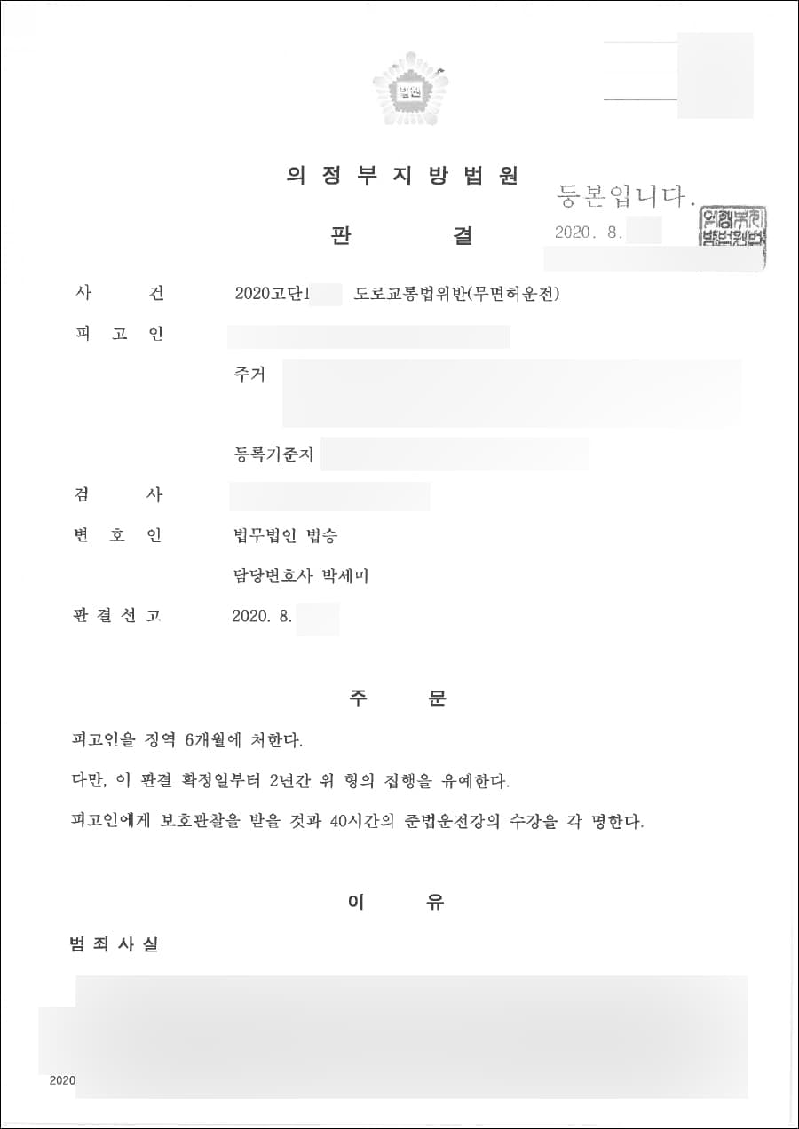 집행유예 | 도로교통법위반(무면허운전 6회) - 의정부지방법원 2020고단1***