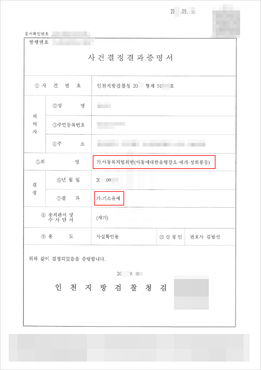 기소유예 | 아동복지법위반(아동에대한음행강요·매개·성희롱등) - 인천지방검찰청 20**형제51***