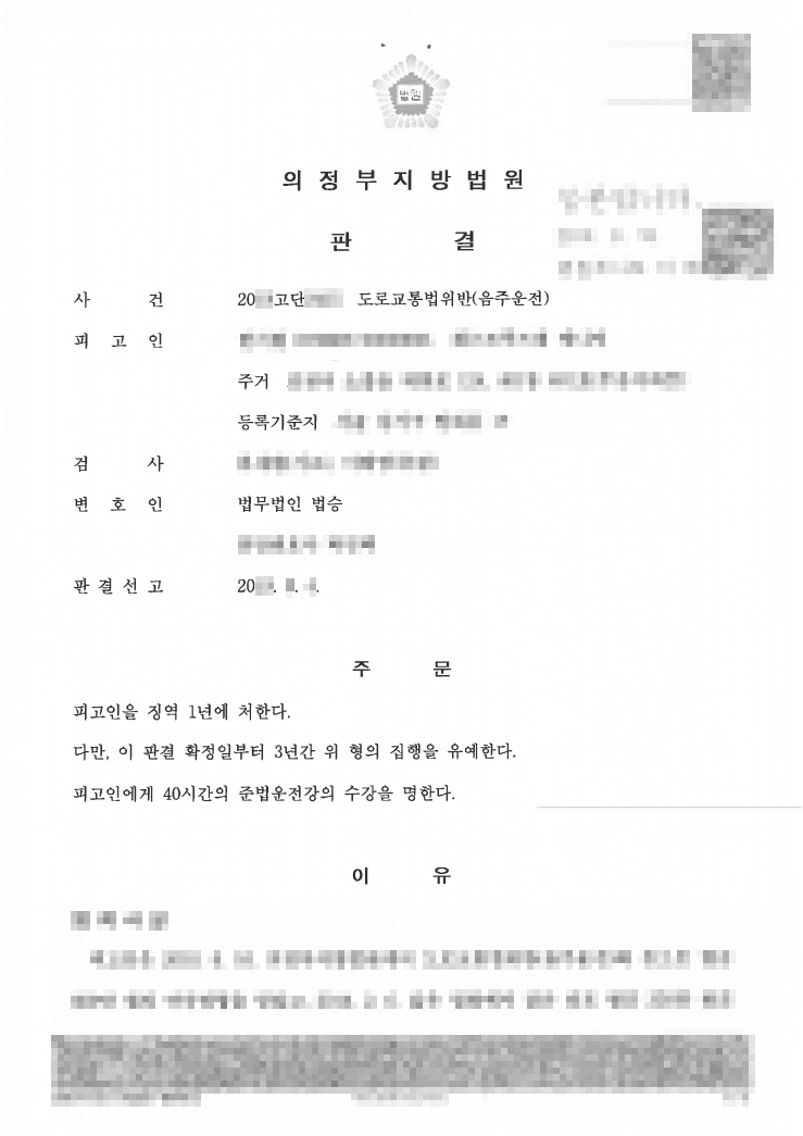 집행유예ㅣ도로교통법위반(음주운전) - 의정부지방법원 20**고단2***