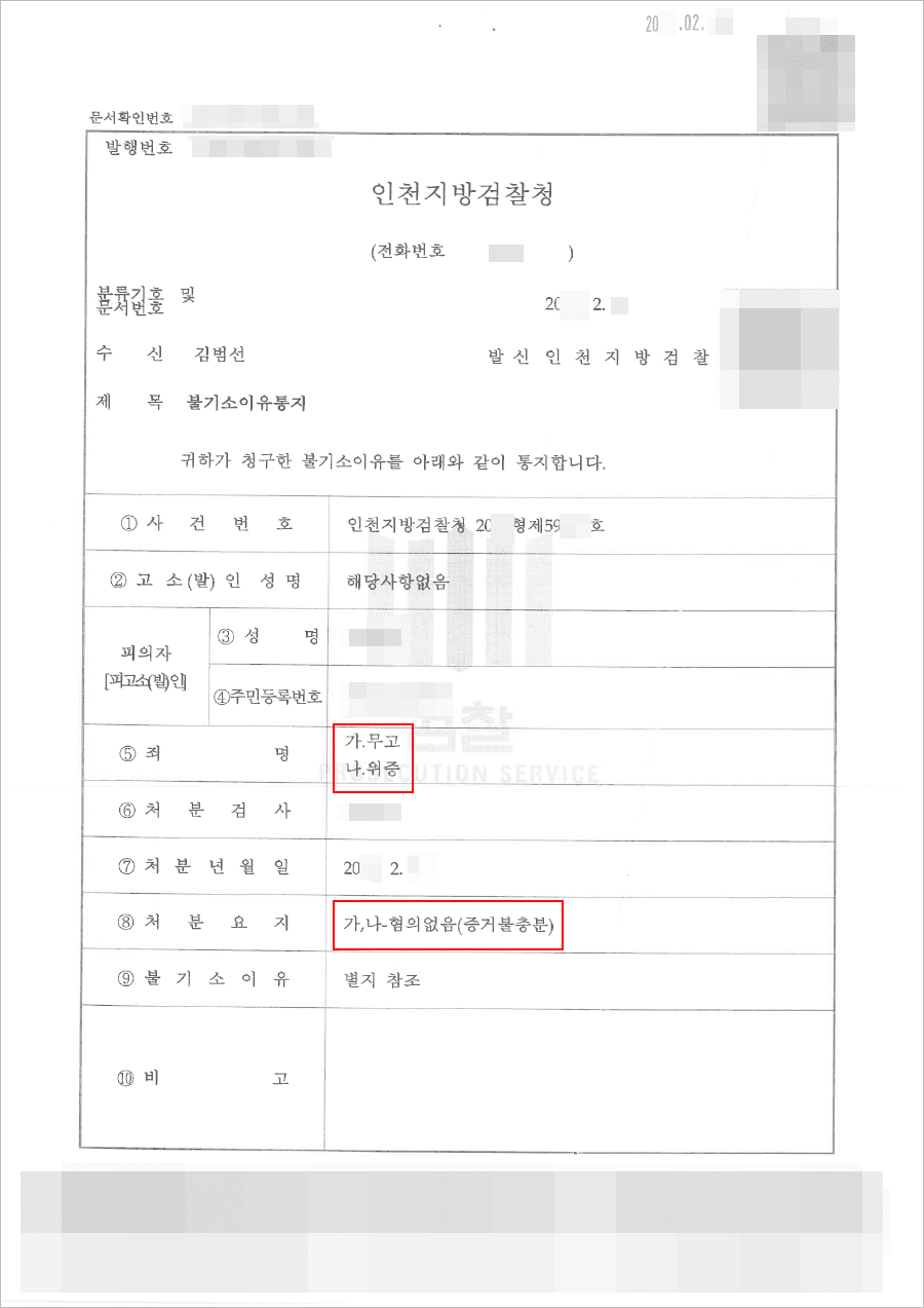 혐의없음 | 무고 및 위증 - 인천지방검찰청 20**형제59***