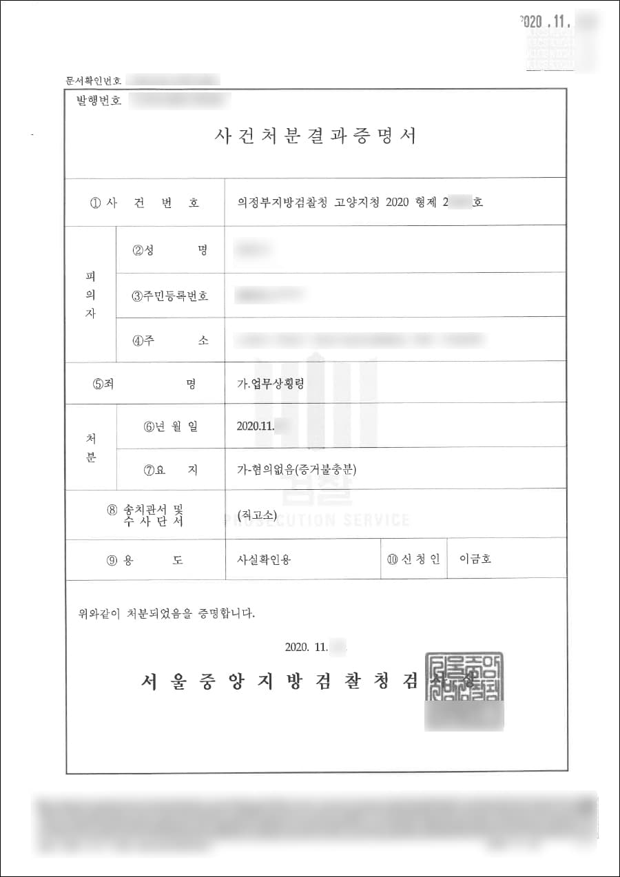 혐의없음(증거불충분) | 업무상횡령 - 의정부지방검찰청 고양지청 2020 형제 27***호
