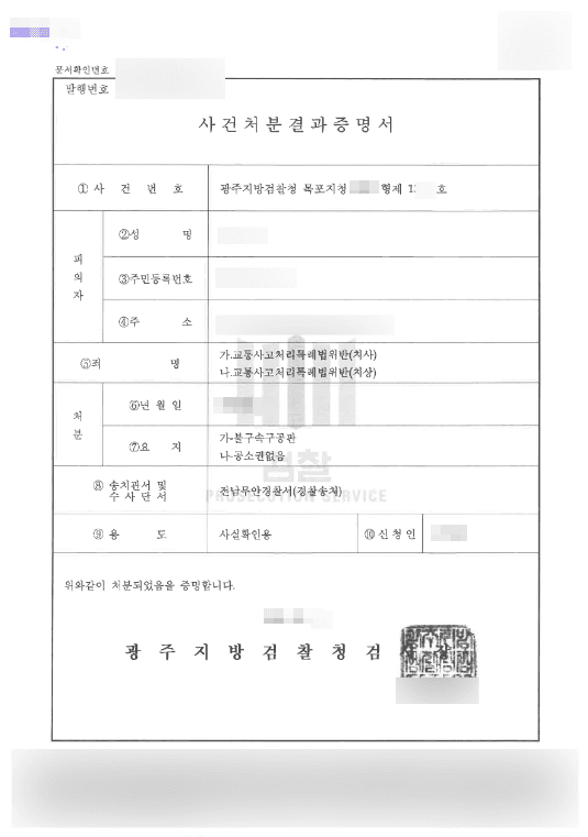 공소권 없음 | 교통사고처리특례법위반(치상) - 광주지방검찰청 목포지청 20**형제13***호