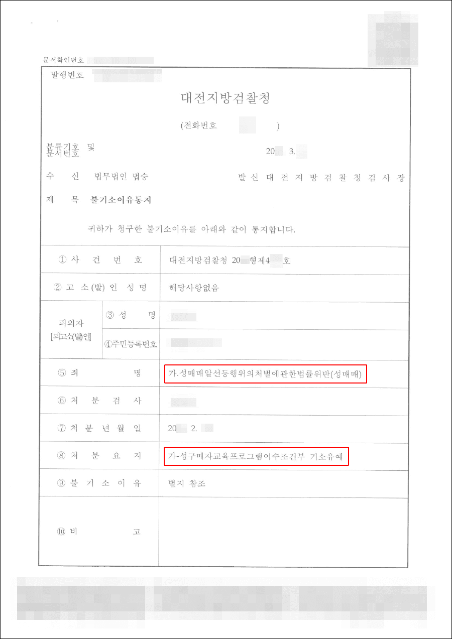 교육이수조건부 기소유예 | 성매매처벌법 위반 - 대전지방검찰청 20**형제4***