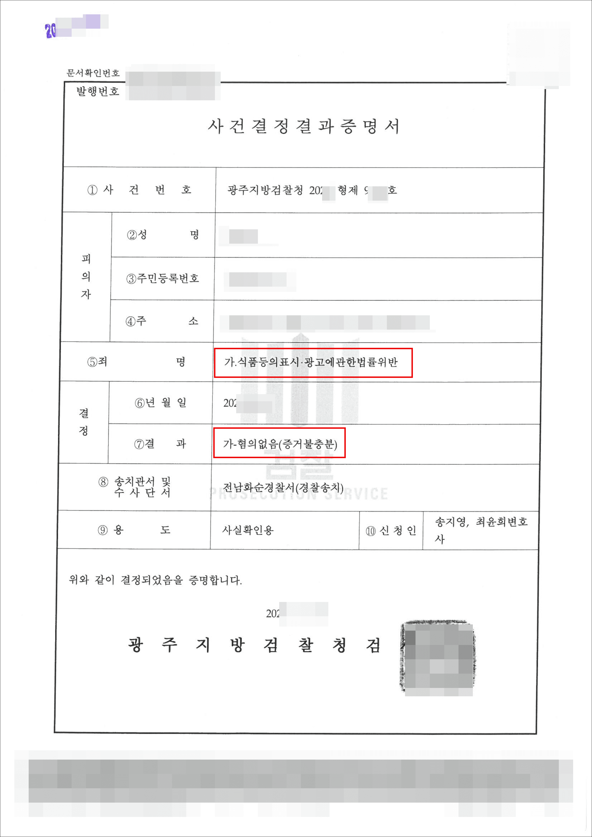 불기소 | 식품등의표시광고에관한법률위반 – 광주지방검찰청 20**형제9***