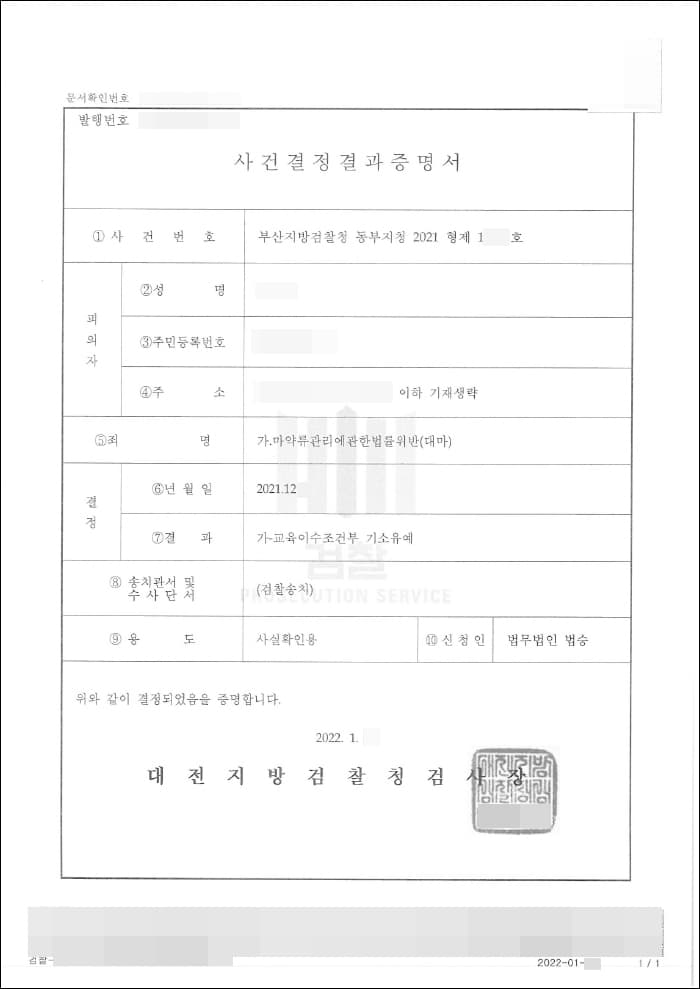 교육이수조건부 기소유예 | 마약류관리에관한법률위반 - 부산지방검찰청 2021형제1****호