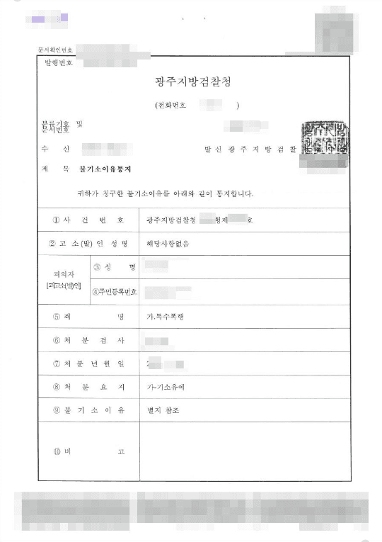 기소유예 | 특수폭행 - 광주지방검찰청 20**형제15***호