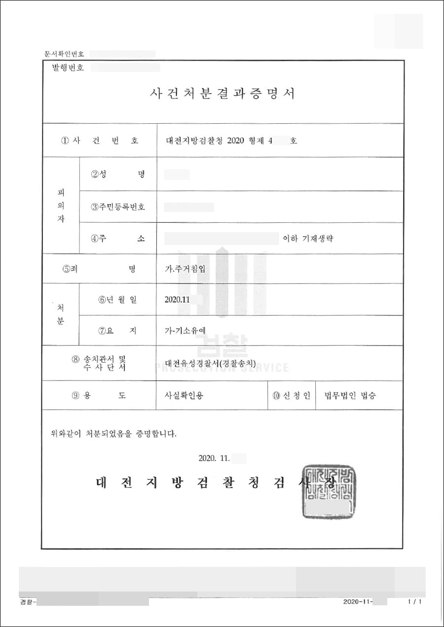 기소유예 | 주거침입 - 대전지방검찰청 2020형제45***호