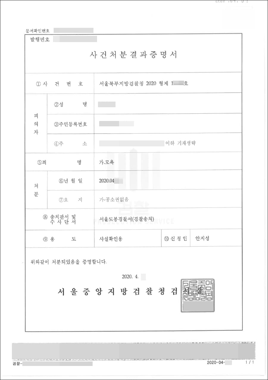 불기소처분 | 모욕 - 서울북부지검 2020형제1****
