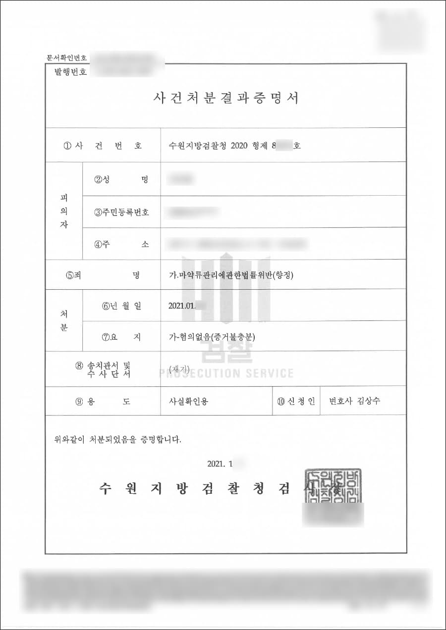혐의없음(증거불충분) | 마약류관리법위반(향정) - 수원지방검찰청 202**형제86***