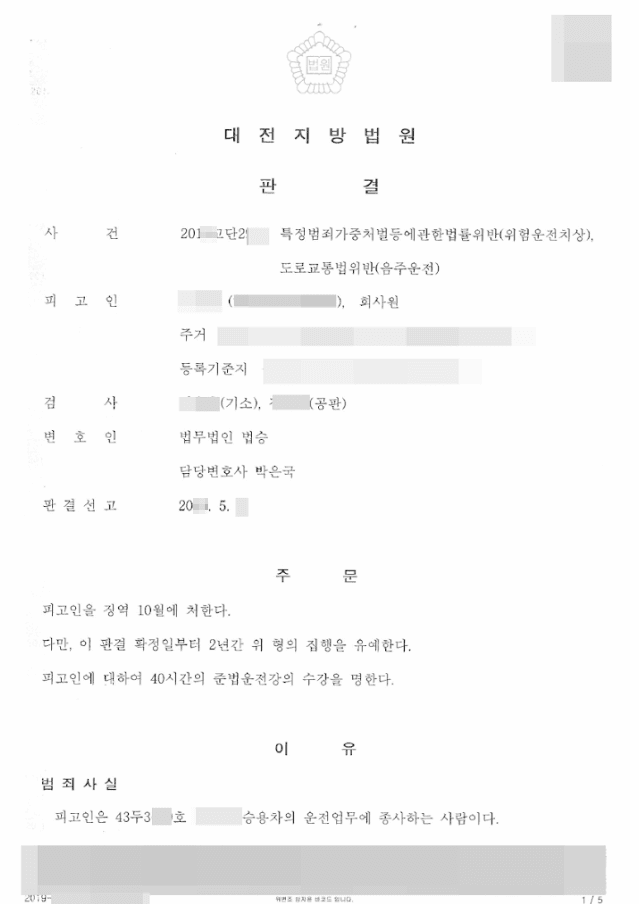 집행유예ㅣ위험운전치상, 음주운전 - 대전지방법원 20**고단***