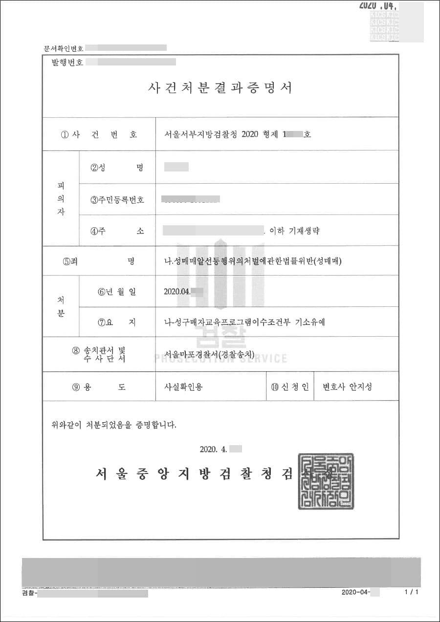 기소유예 | 성매매알선등행위의처벌에관한법률위반(성매매) - 서울서부지방검찰청 2020형제12***호
