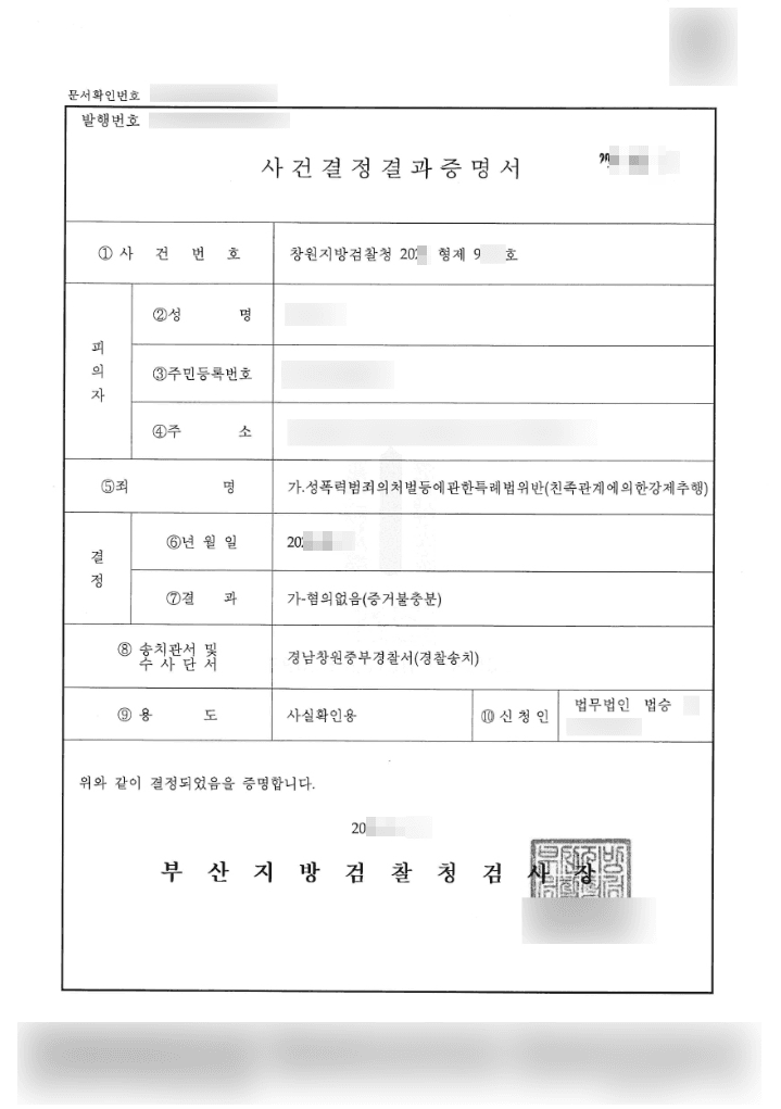 혐의없음(증거불충분) | 성폭력범죄의처벌등에관한특례법위반(친족관계에의한강제추행) - 창원지방검찰청 20**형제9***
