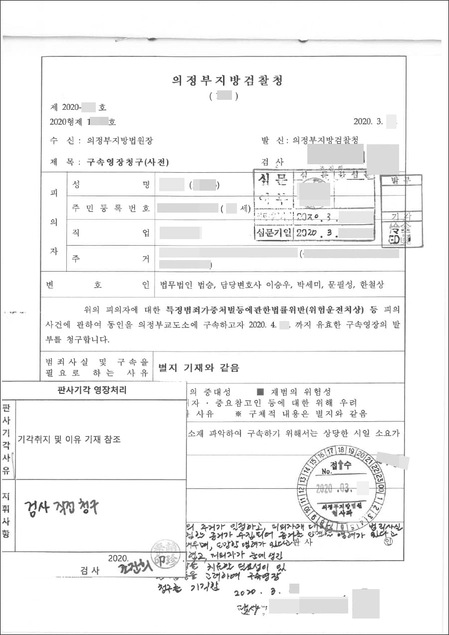 구속영장청구기각 | 도로교통법위반, 특정범죄가중처벌등에관한법률위반(위험운전치상) - 2020형제1****호