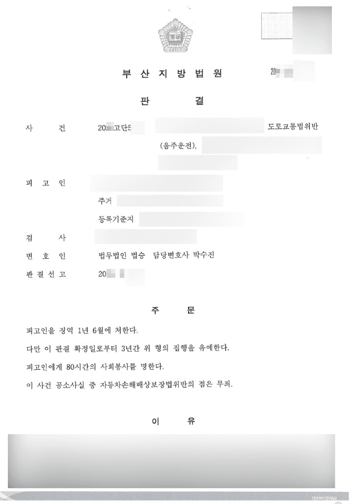 집행유예 | 도로교통법위반(음주운전) - 부산지방법원 20**고단5***