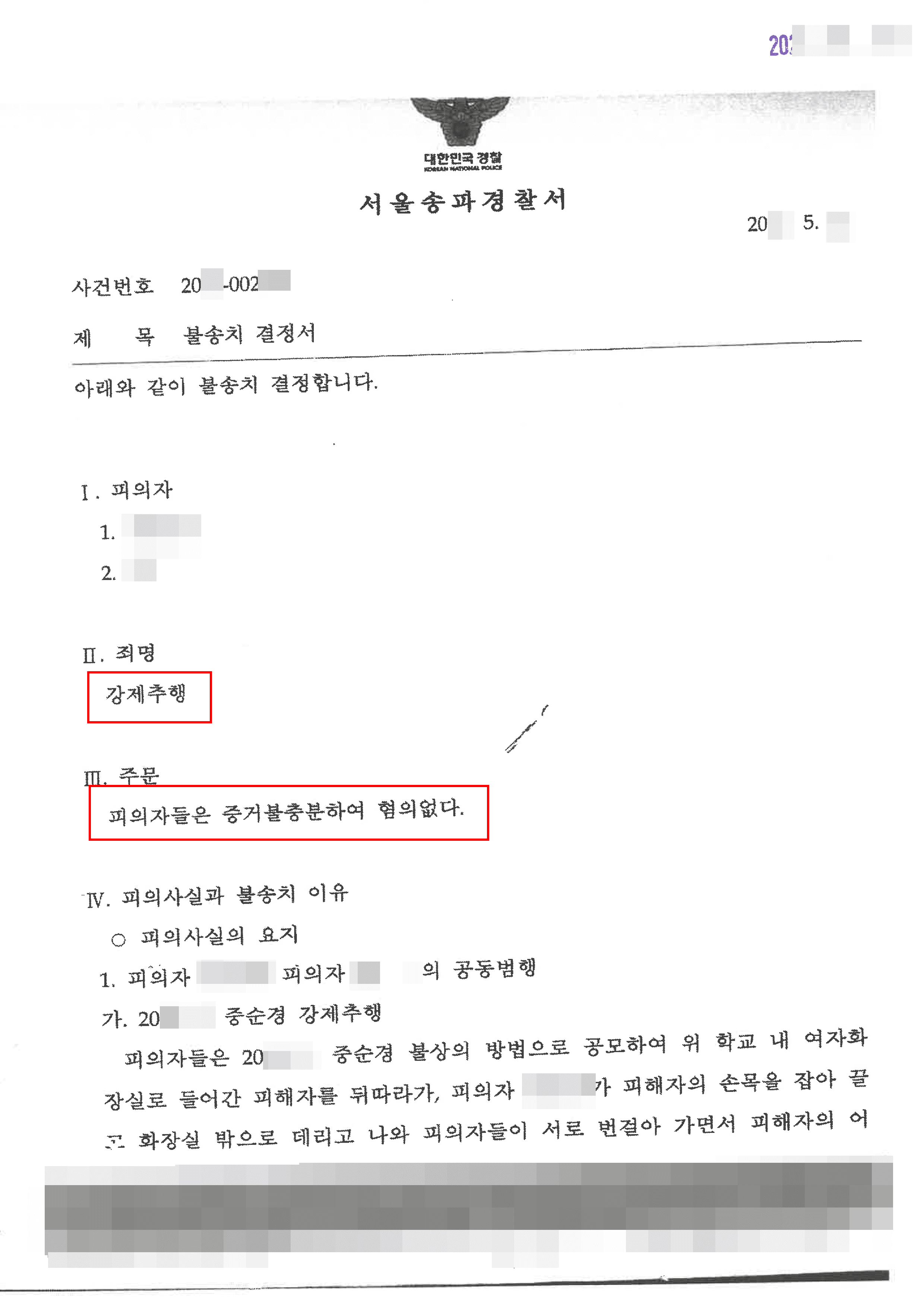 불송치(무혐의) | 강제추행 – 서울동부지방검찰청 20**불제5***