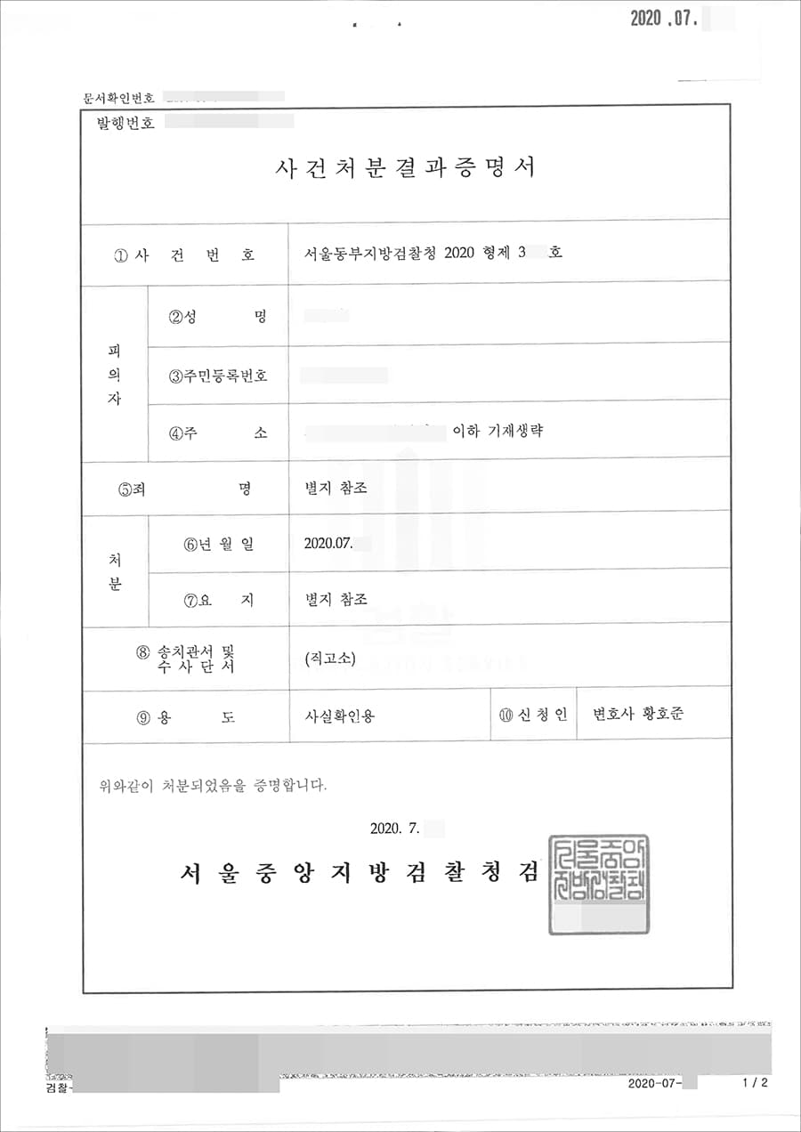 혐의없음 | 협박 - 서울동부지방검찰청 2020형제3***호