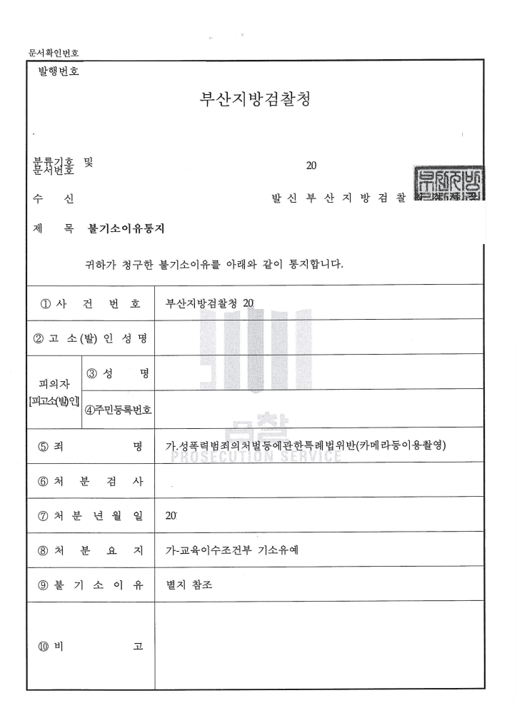 기소유예 ㅣ 카메라등이용촬영 - 부산지방검찰청 20**형제5***호