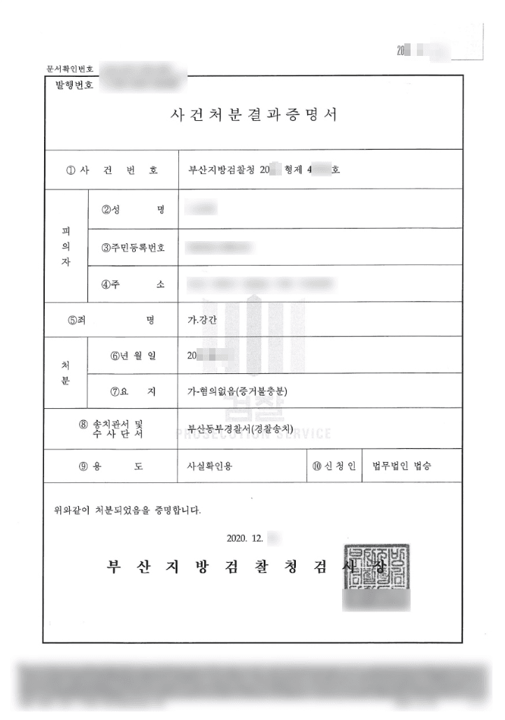 혐의없음(증거불충분) | 강간 - 부산지방검찰청 20**형제45***호