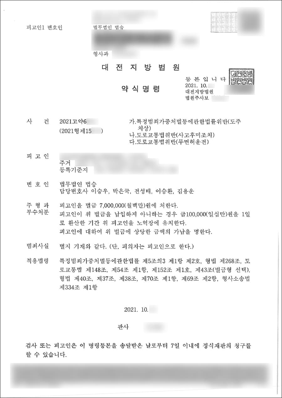벌금형 | 특가법 위반(도주치상), 도교법 위반(사고후미조치), 도로교통법 위반(무면허운전) - 대전지방법원 2021고약6***