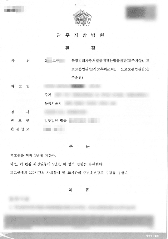 집행유예 | 특정범죄가중처벌등에관한법률위반(도주치상) 등 - 광주지방법원 20**고단***