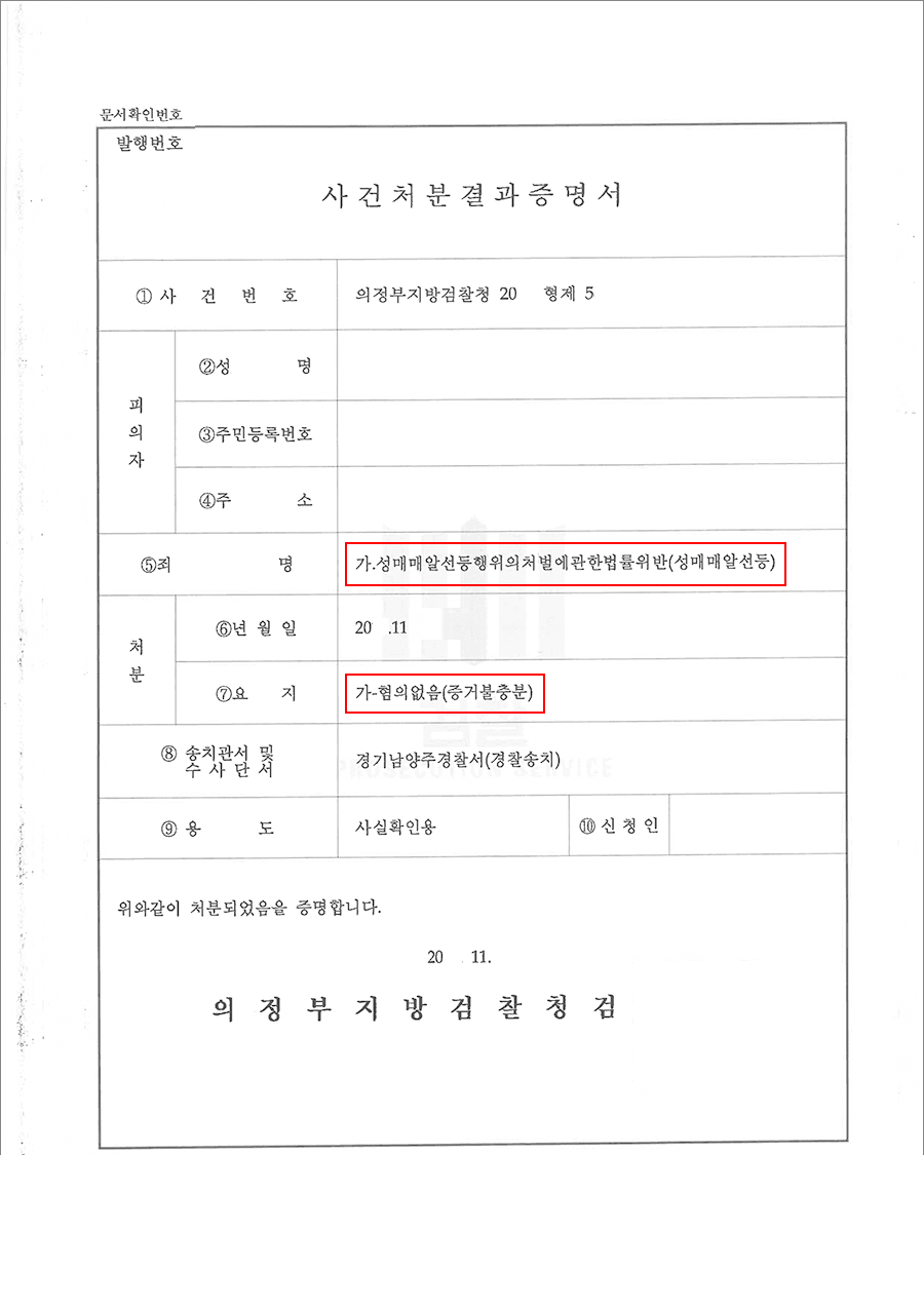 혐의없음 | 성매매알선등행위의처벌에관한법률위반 - 의정부지방검찰청 20**형제5***
