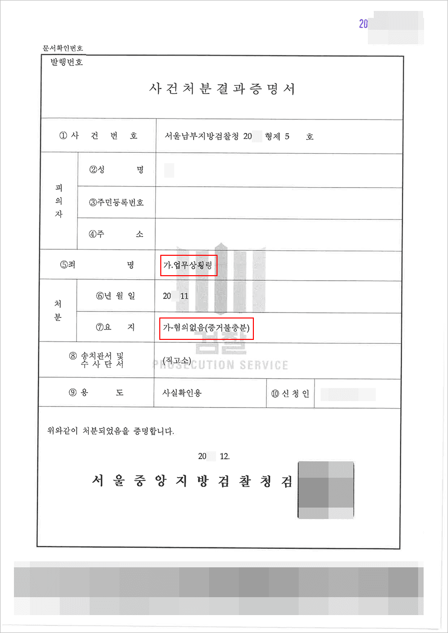 혐의없음 | 업무상횡령 - 서울남부지방검찰청 20**형제51***