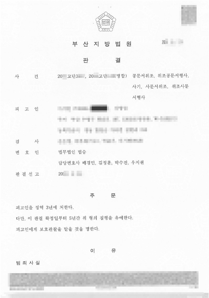 구속 피고인 집행유예 | 공문서위조, 위조공문서행사, 사기, 사문서위조, 위조사문서 행사 - 부산지방법원 20**고단3***, 20**고단***(병합)