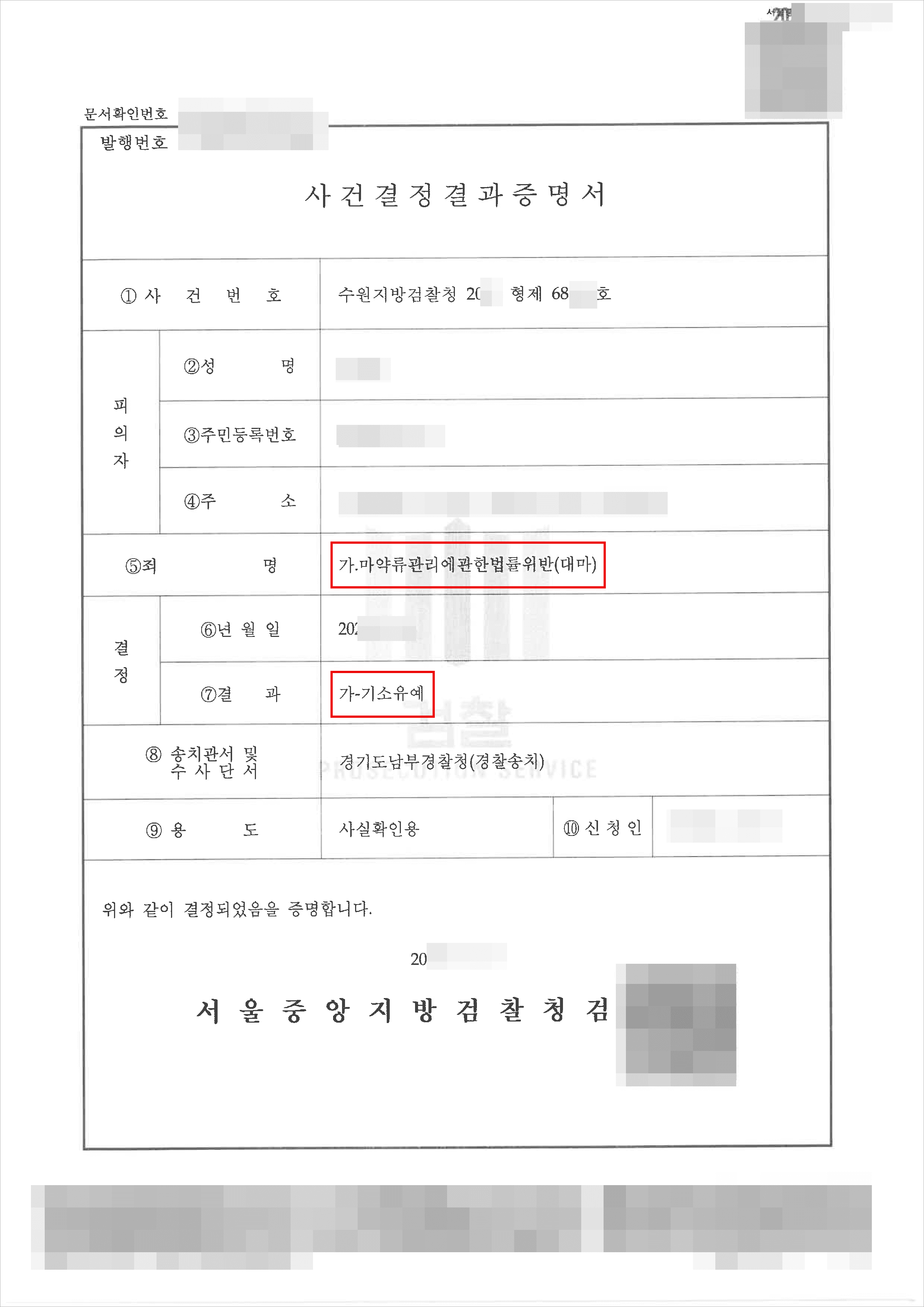 기소유예 | 마약류관리에관한법률위반(대마) - 수원지검 20**형제68***, 69***