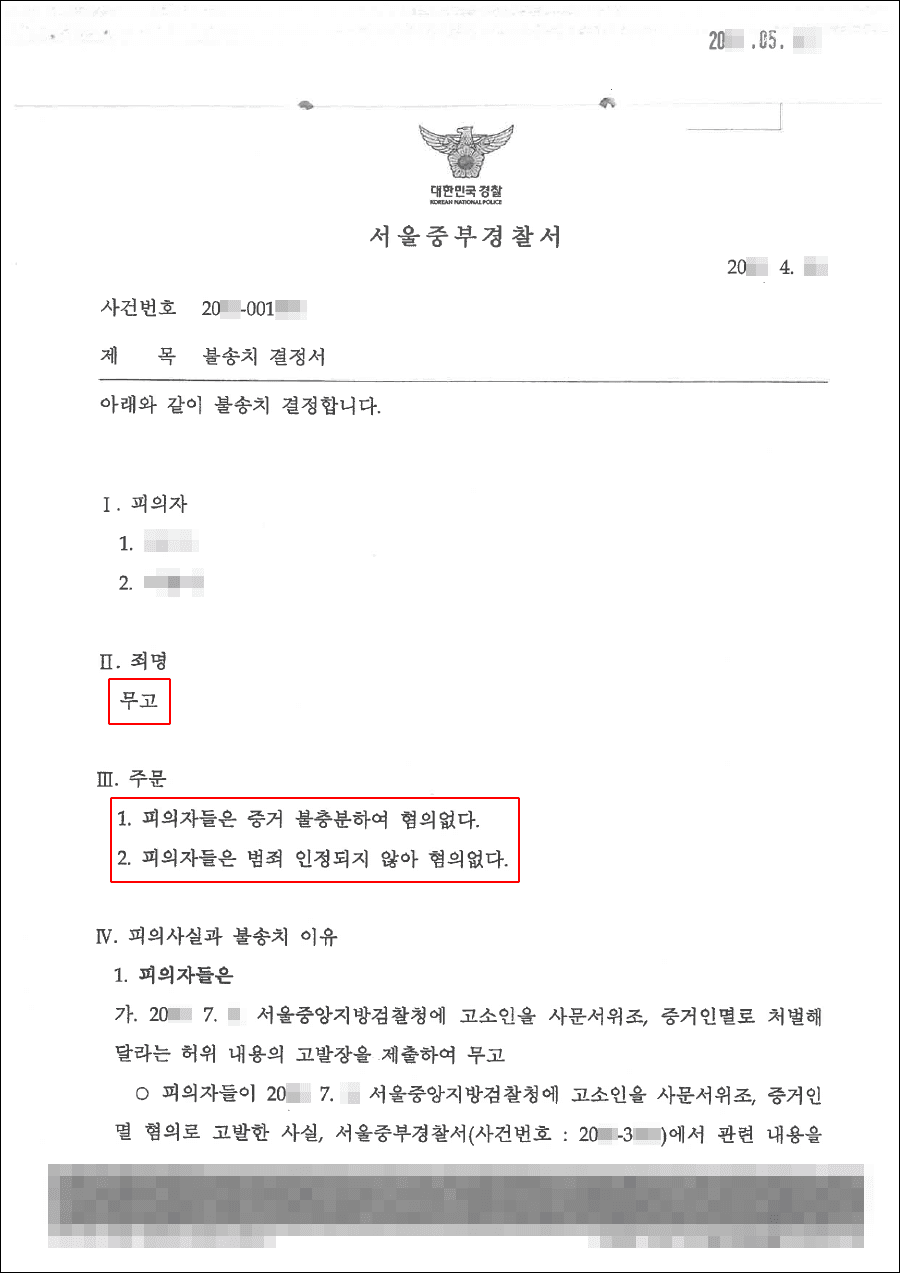 불송치(혐의없음) | 무고 – 서울중앙지검 20**-001***