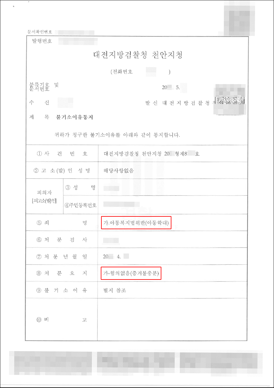 불기소결정(무혐의) | 아동학대 - 대전지방검찰청 천안지청 20**형제8***호