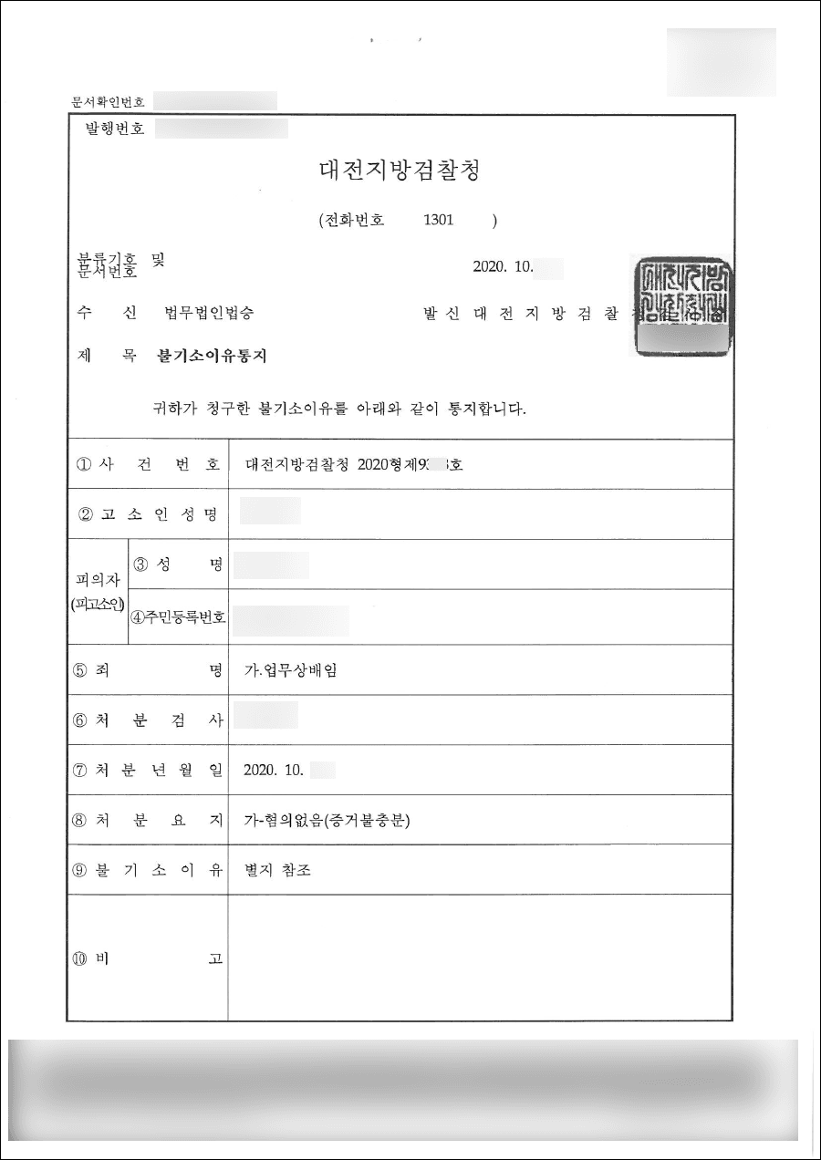 혐의없음(증거불충분) | 업무상배임 - 대전지방검찰청 2020형제 9***호