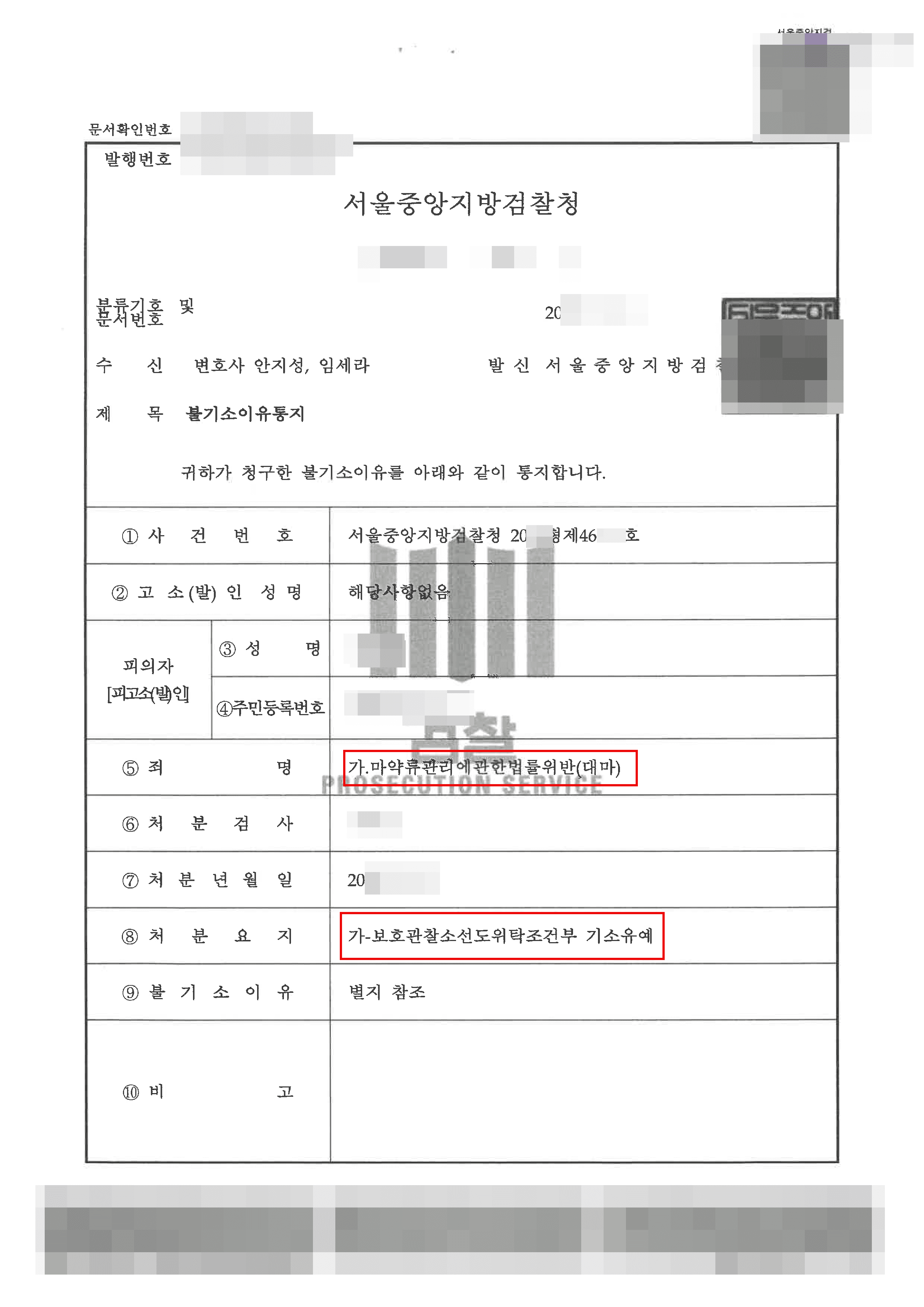기소유예 | 마약류관리에관한법률위반(대마) - 서울지방검찰청 강력범죄수사부 20**형제46***