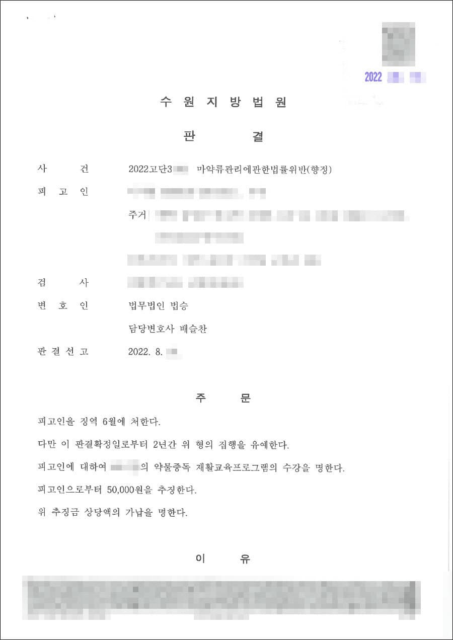 집행유예 | 마약류관리에관한법률위반(향정) - 수원지방법원 20**고단3***
