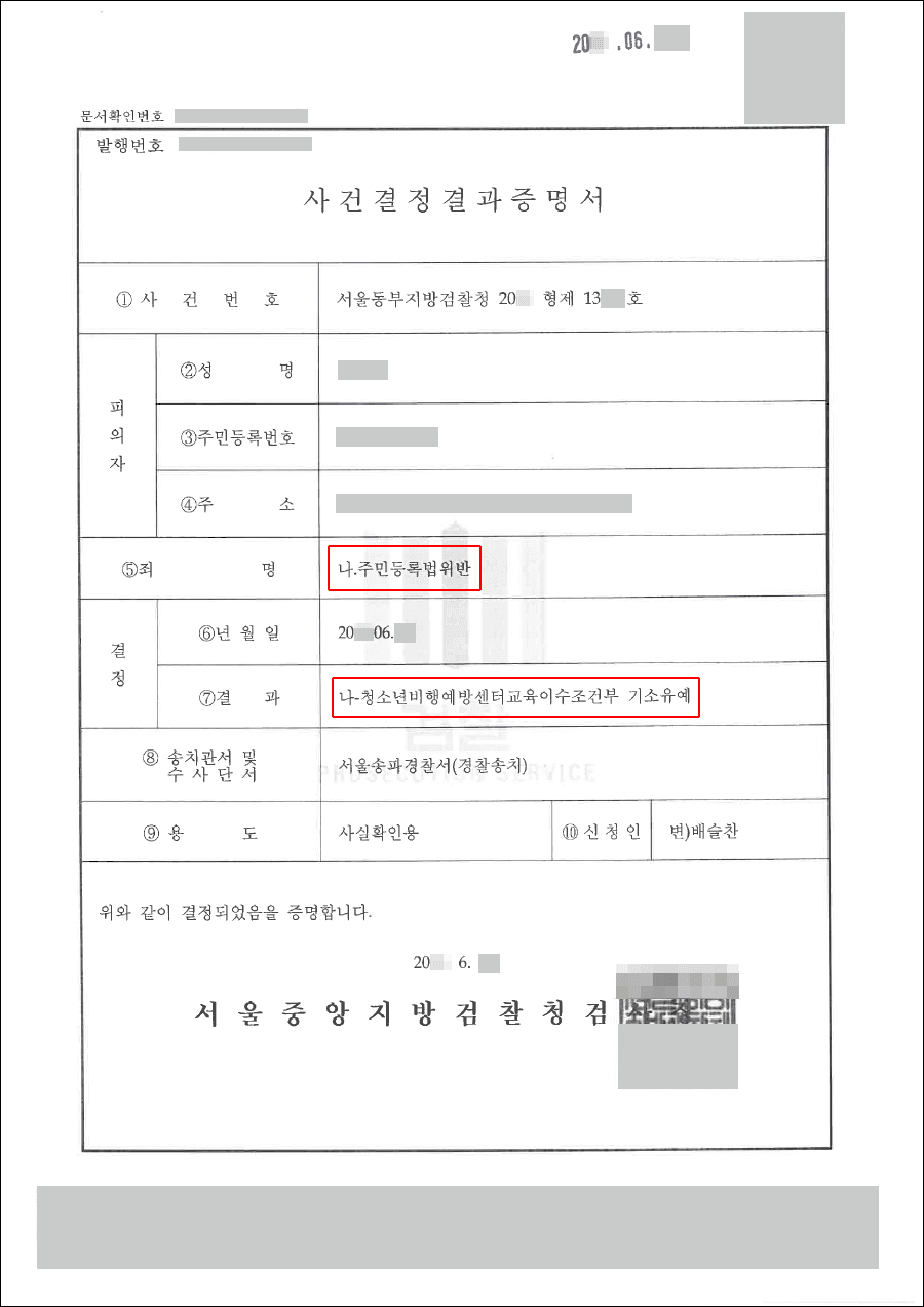 기소유예 | 주민등록법위반 - 서울동부지방검찰청 20**형제13***호