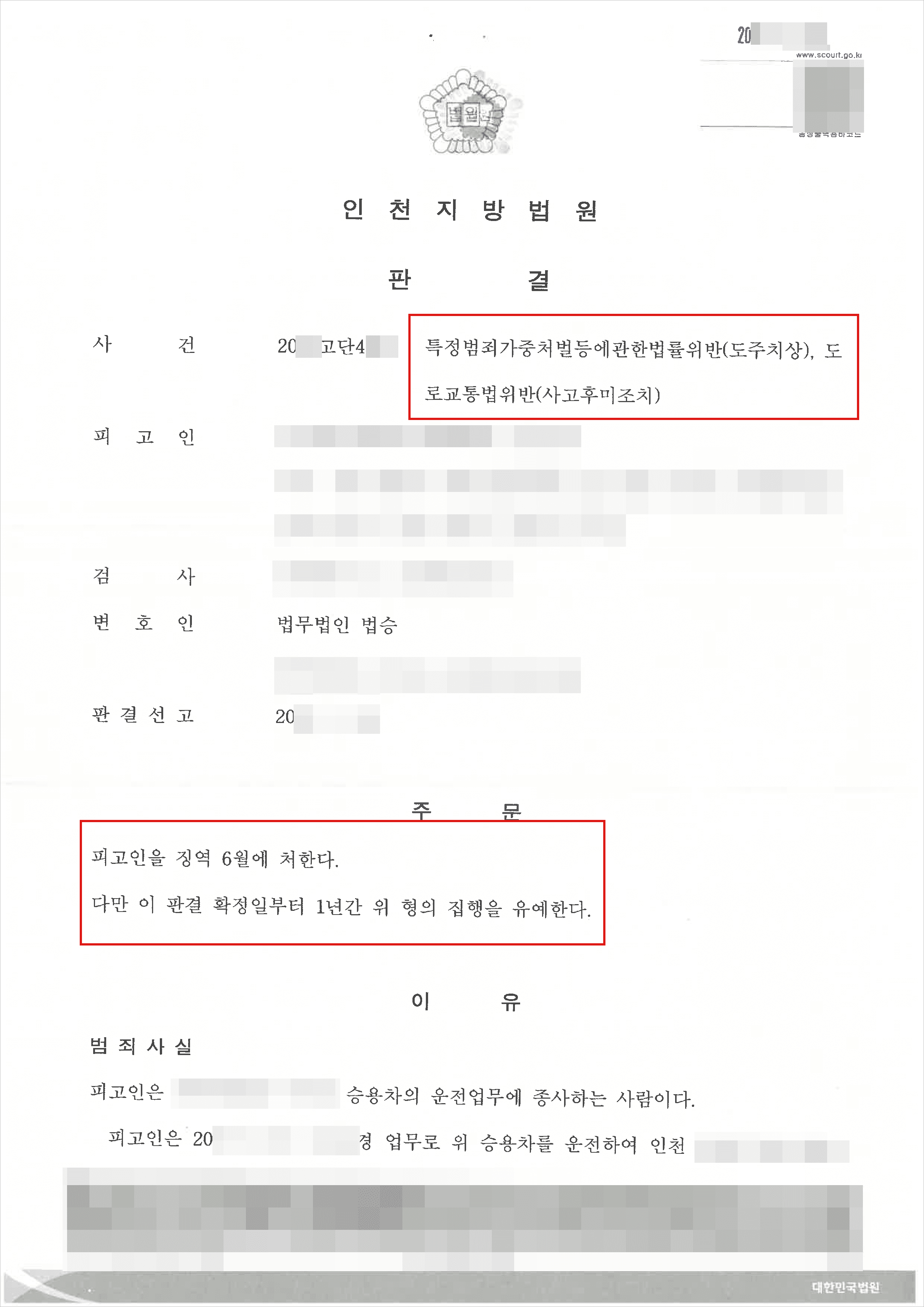 집행유예 | 특정범죄가중처벌등에관한법률위반(도주치상)등 - 인천지방법원 20**고단4***