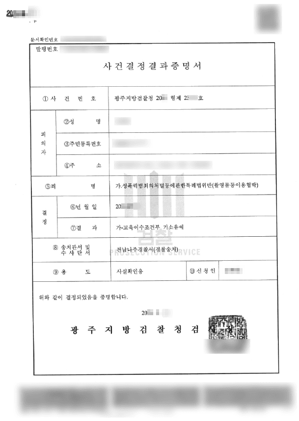 교육이수 조건부 기소유예 | 성폭력범죄의처벌등에관한특례법위반(촬영물등이용협박) - 광주지방검찰청 20**형제23***