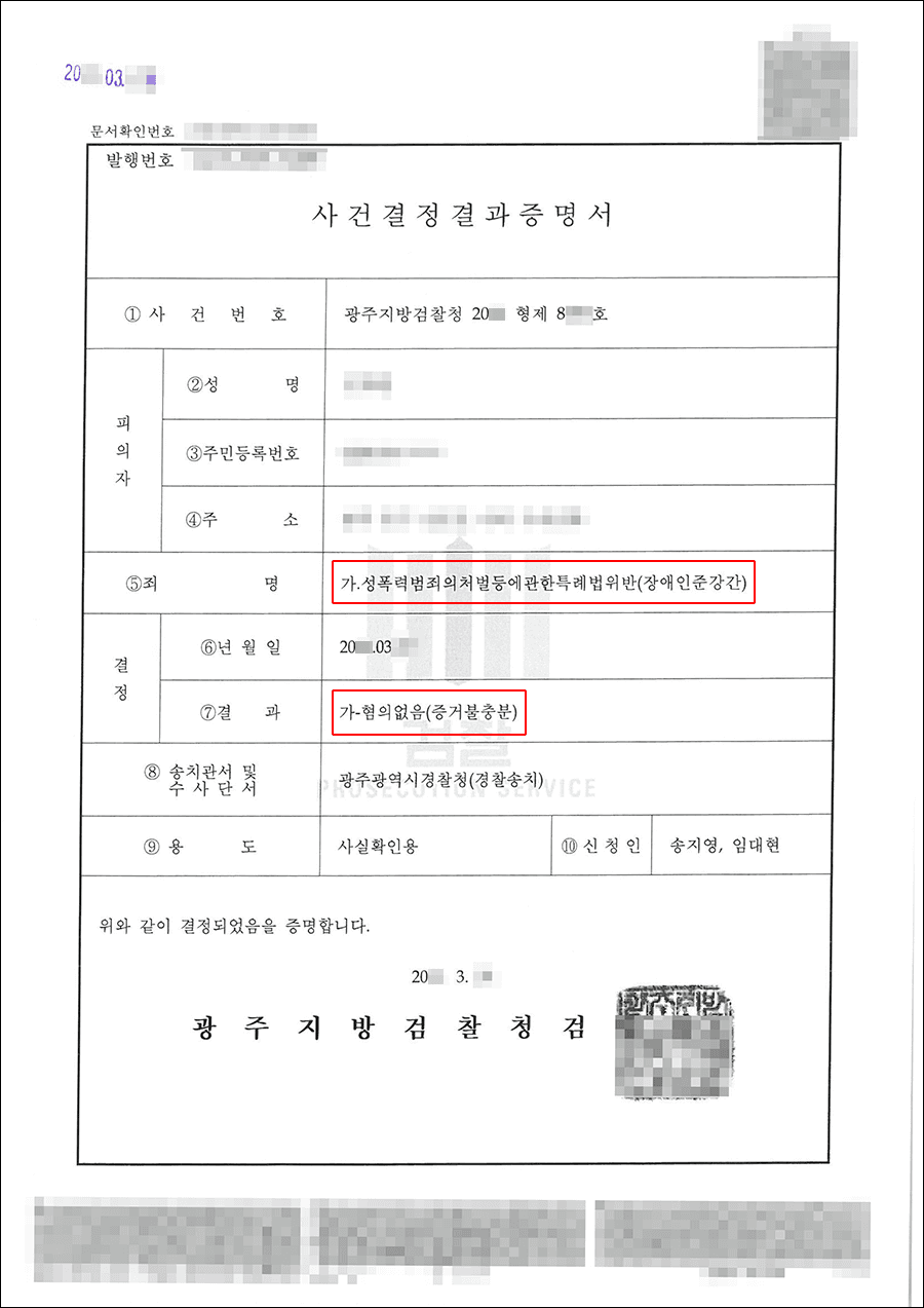 증거불충분(무혐의) | 성폭력범죄의처벌등에관한특례법위반(장애인준강간) - 광주지방검찰청 20**형제8***호