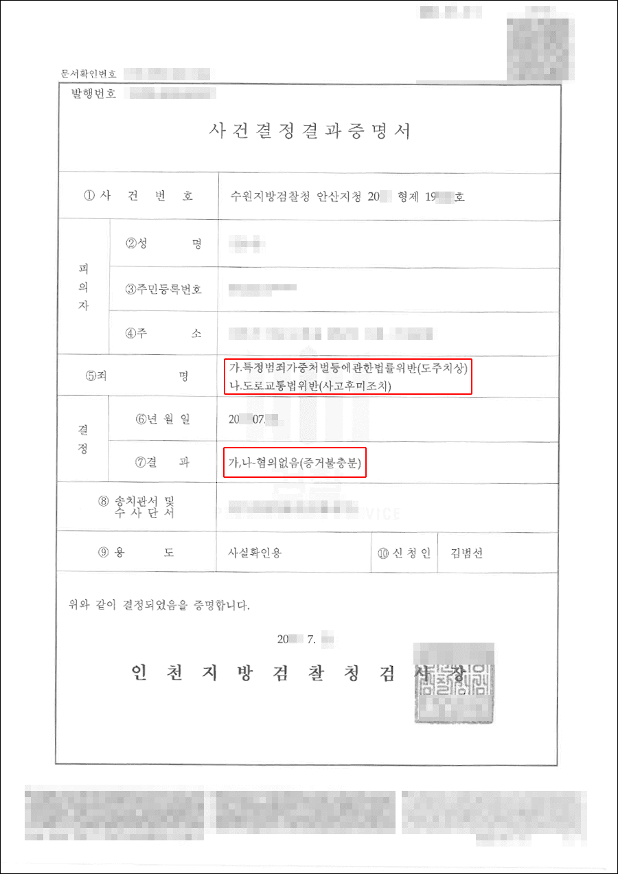 증거불충분(무혐의) | 특정범죄가중처벌등에관한법률위반(도주치상), 도로교통법위반(사고후미조치) - 수원지방검찰청 안산지청 2022형제19***호