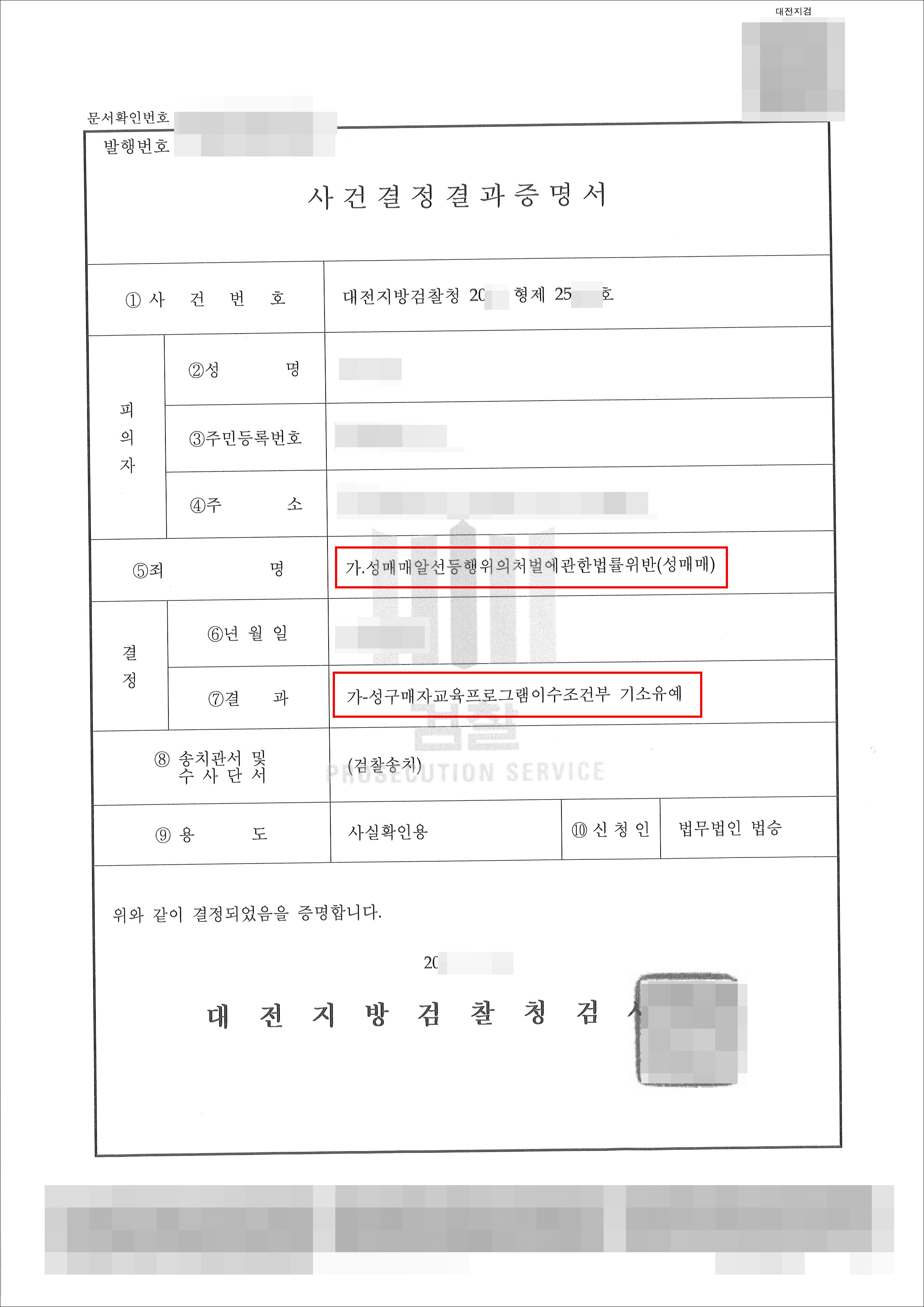 불기소(조건부 기소유예) | 성매매알선등행위의처벌에관한법률위반 - 대전지방경찰청 20**형제25***