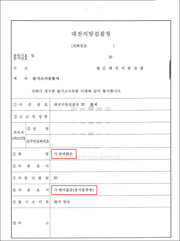 무혐의 | 명예훼손죄 - 대전지방검찰청 20**형제*****