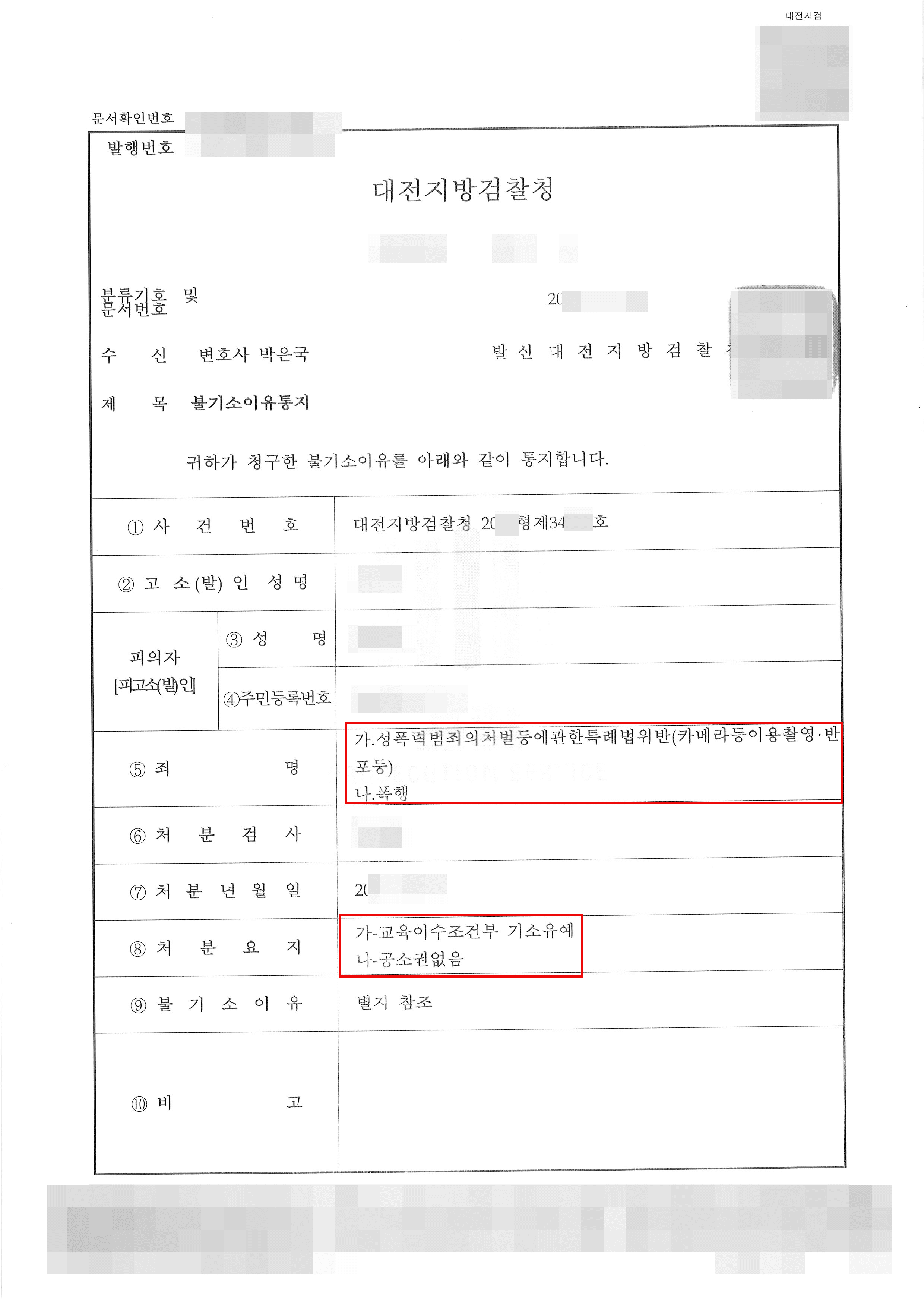 조건부기소유예, 공소권없음 | 성폭법위반(카메라이용촬영), 폭행 - 대전지검 20**형제34***