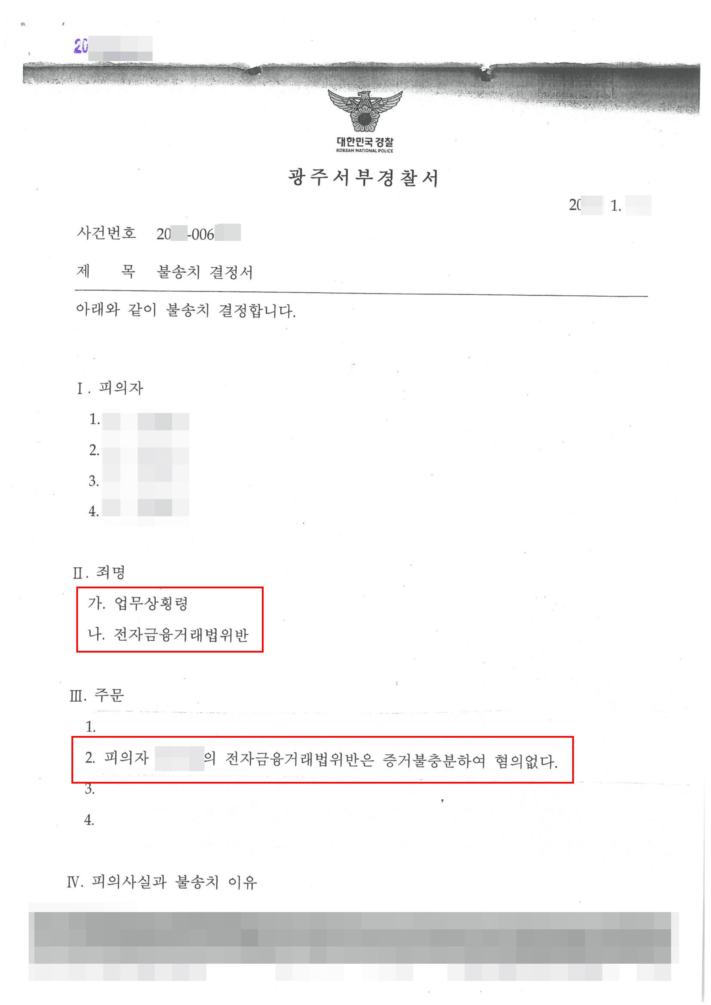 불송치(무혐의) | 전자금융거래법 위반 - 광주서부경찰서 20**-006***
