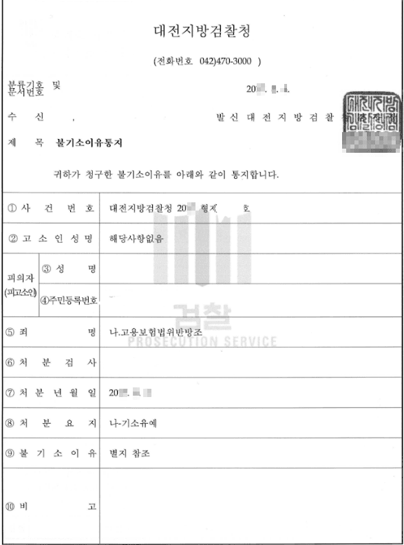 기소유예ㅣ고용보험법위반방조 - 대전지방검찰청 20**형제*****
