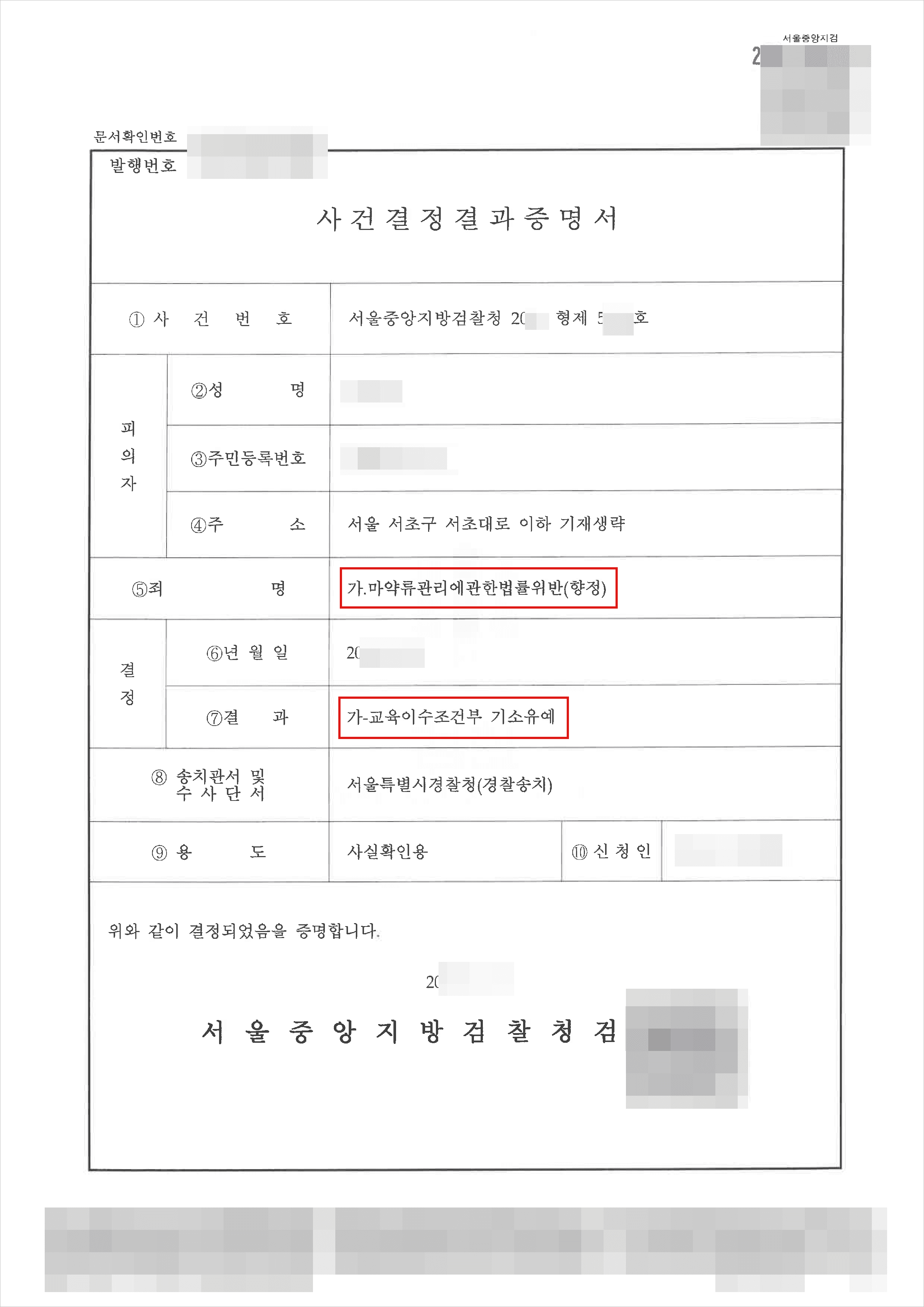 교육이수조건부 기소유예 | 마약류관리에관한법률위반(향정) - 서울중앙지방검찰청 20**형제5***