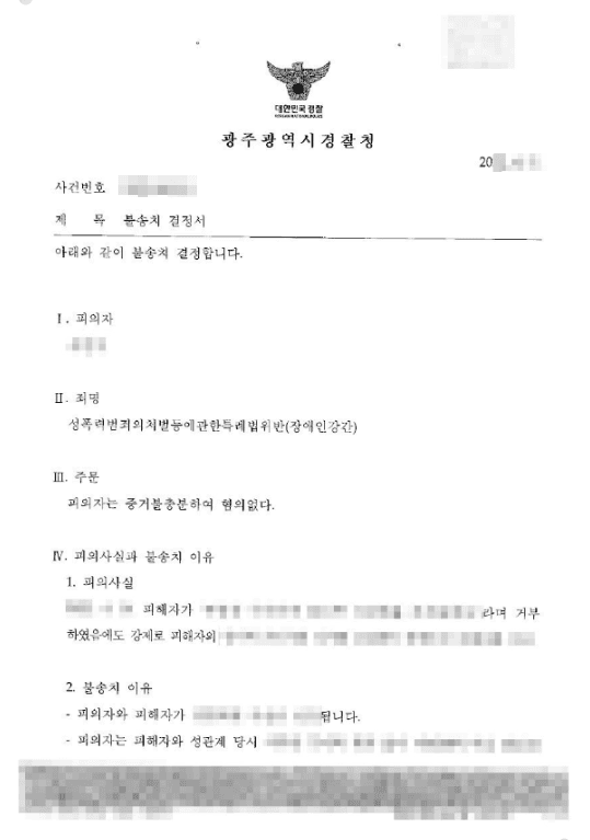 불송치결정(무혐의) | 성폭력범죄의처벌등에관한특례법위반(장애인강간) - 광주경찰청 20**-00***