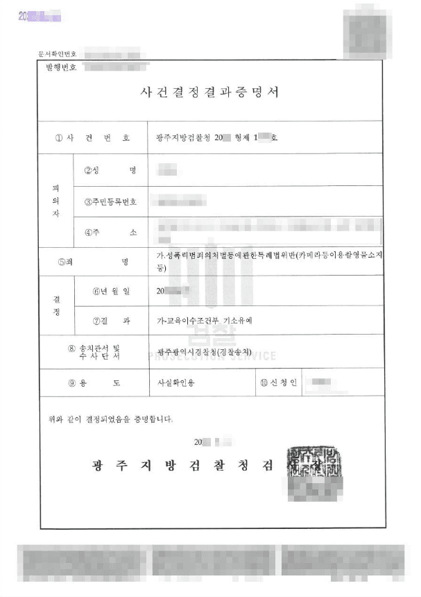 기소유예 | 성폭법(카메라등이용촬영물반포) - 광주지방검찰청 20** 형제 1***호