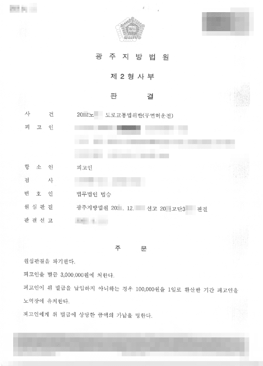 벌금형 | 도로교통법위반(집행유예기간 중 무면허운전) - 광주지방법원 20**노**